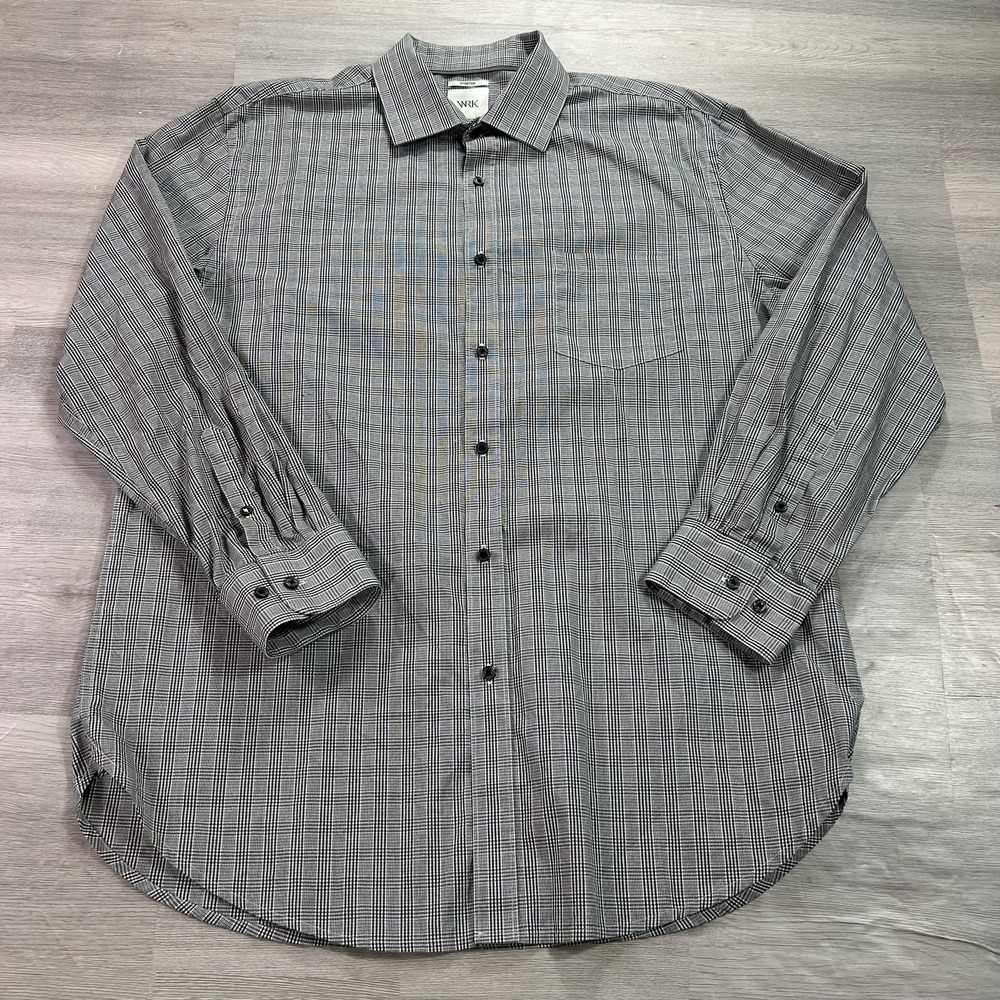 WRK Shirt Mens 16.5 32/33 Gray Plaid Stretch Dress Button Front Long Sleeve